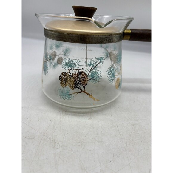 Vtg Mid-Century Douglas Libbey Flameproof Coffee Pot Blue Gold Gilt Pine Cones - Picture 2 of 9